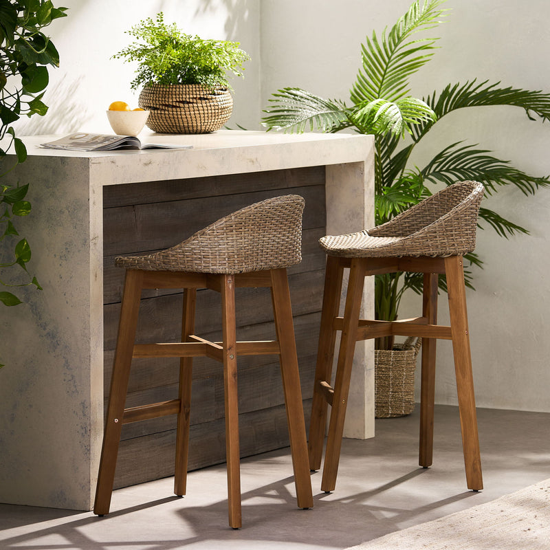 Beeson - Outdoor Wicker And Acacia Wood Barstools Set, Water Resistant - Brown