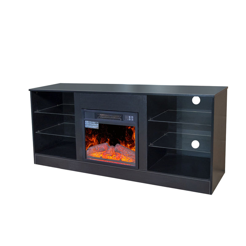 Fireplace TV Stand With 18" Electric Fireplace Heater, Modern Entertainment Center For TVs Up To 62" With Adjustable Glass Shelves And Storage Cabinets