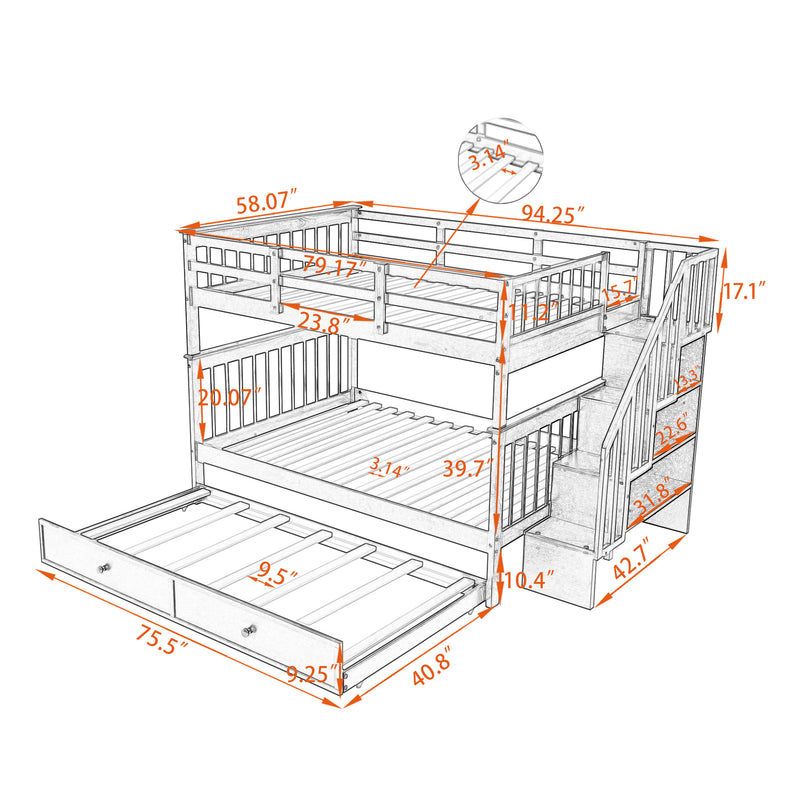 Stairway Full-Over-Full Bunk Bed with Twin size Trundle, Storage and Guard Rail for Bedroom, Dorm - White(OLD SKU :LP001210AAK)