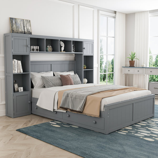 Elegant and Functional Full Size Wood Bed with 4 Drawers and All-in-One Cabinet and Shelf, Grey