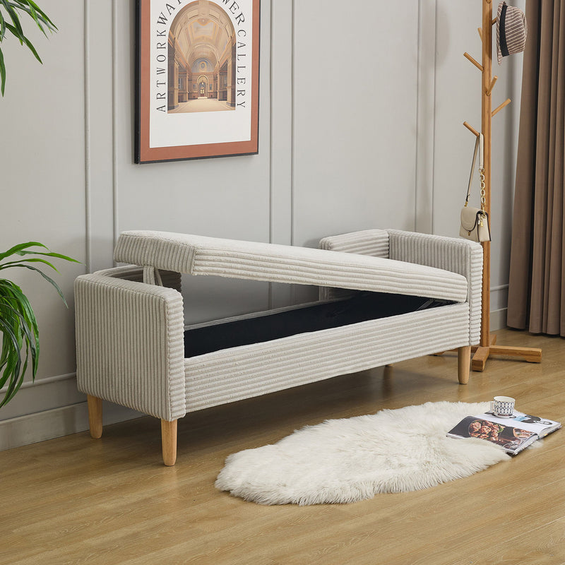 Wide Corduroy Storage Soft Bench With Armrests, Backrest And Two Bolster Pillows