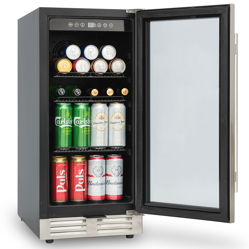 Built-In And Freestanding Mini Beverage Refrigerator / Wine Cabinet, 120 Cans, 37-65°F, Quiet, Adjustable Shelves, LED Lighting, Etl, Touch Controls, Defrost, Double Glass Door - Black / Silver