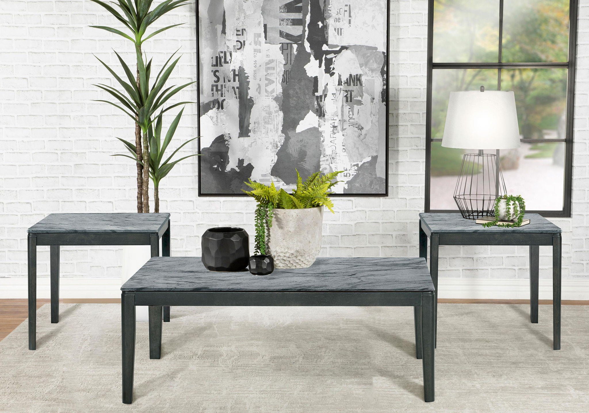 Mozzi 3-piece Coffee and End Table Set Grey Faux Marble - Atlantic Fine Furniture Melbourne FL