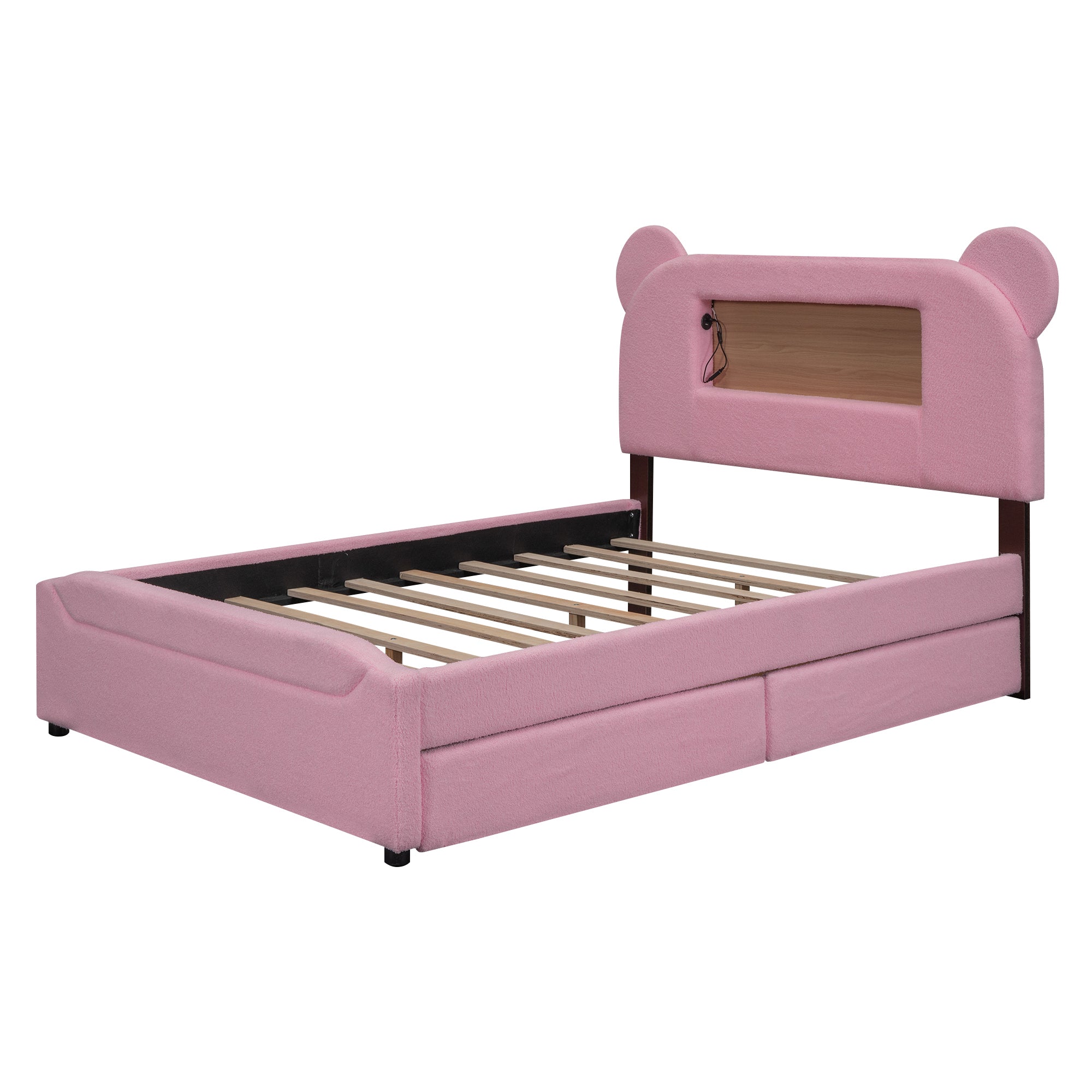Full Size Upholstered Storage Platform Bed with Cartoon Ears Headboard, LED and USB, Pink - Atlantic Fine Furniture Melbourne FL