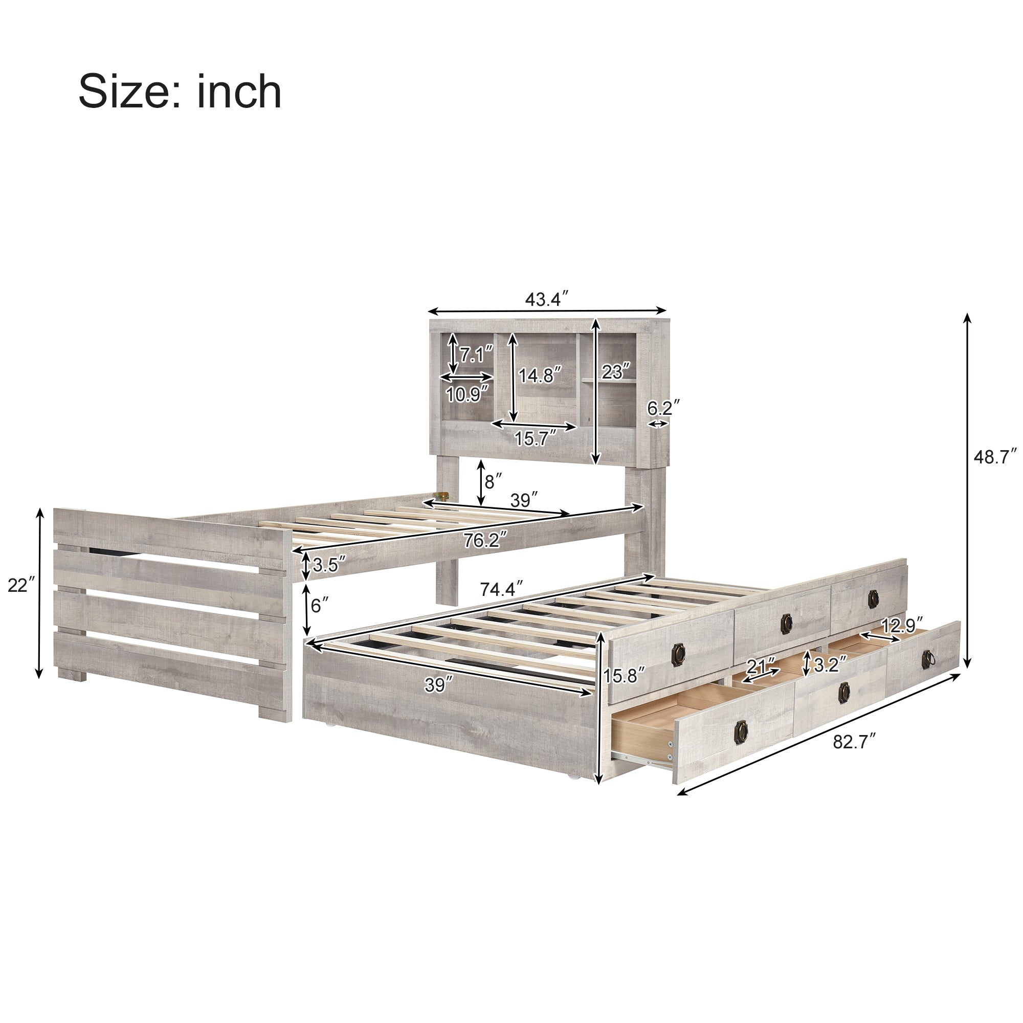 Farmhouse Style Twin Size Bookcase Captain Bed with Three Drawers and Trundle, Rustic White - Atlantic Fine Furniture Melbourne FL