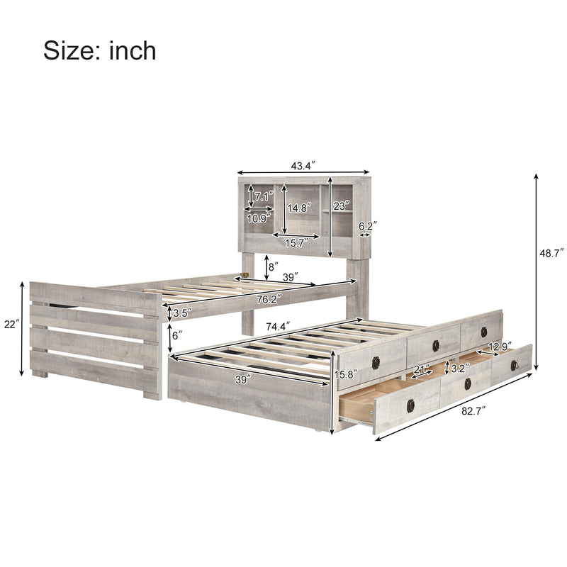 Farmhouse Style Twin Size Bookcase Captain Bed with Three Drawers and Trundle, Rustic White