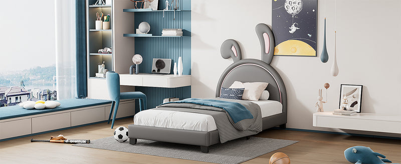 Twin Size Upholstered Leather Platform Bed with Rabbit Ornament, Gray