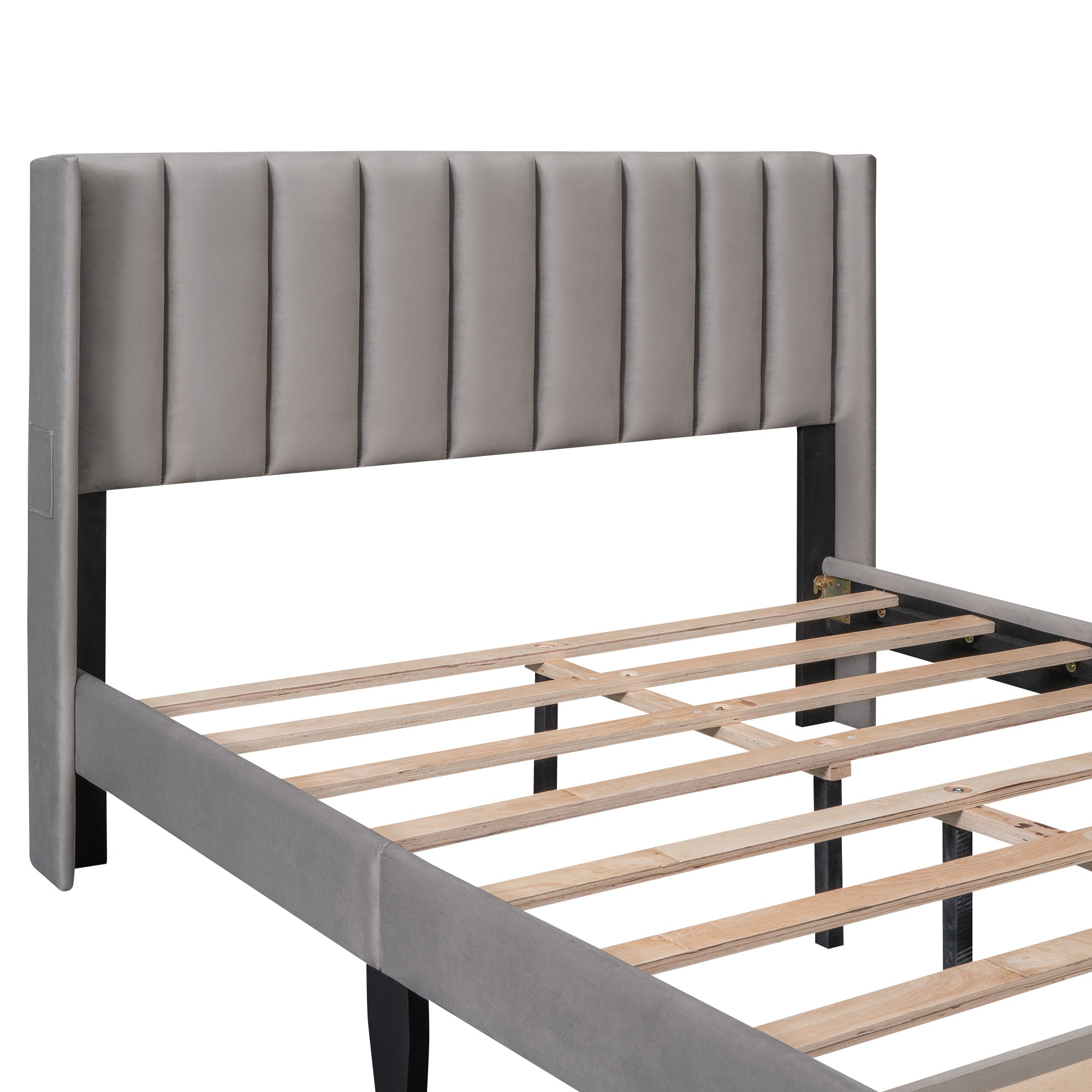 Queen Size Storage Bed Velvet Upholstered Platform Bed with a Big Drawer - Gray - Atlantic Fine Furniture Melbourne FL