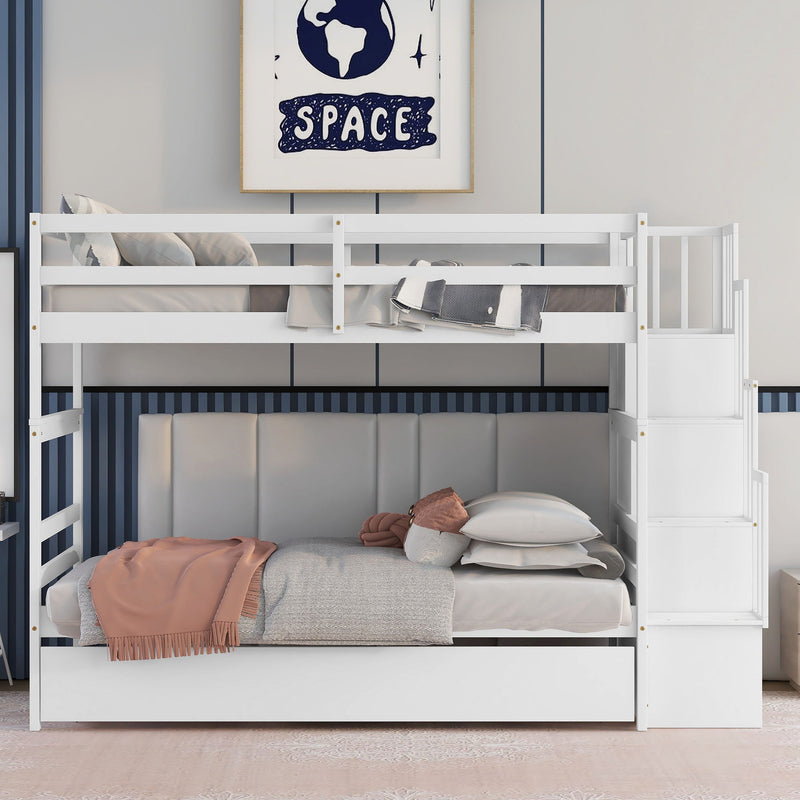 Twin Over Twin Bunk Beds With Twin Trundle And Stairway Storage Function