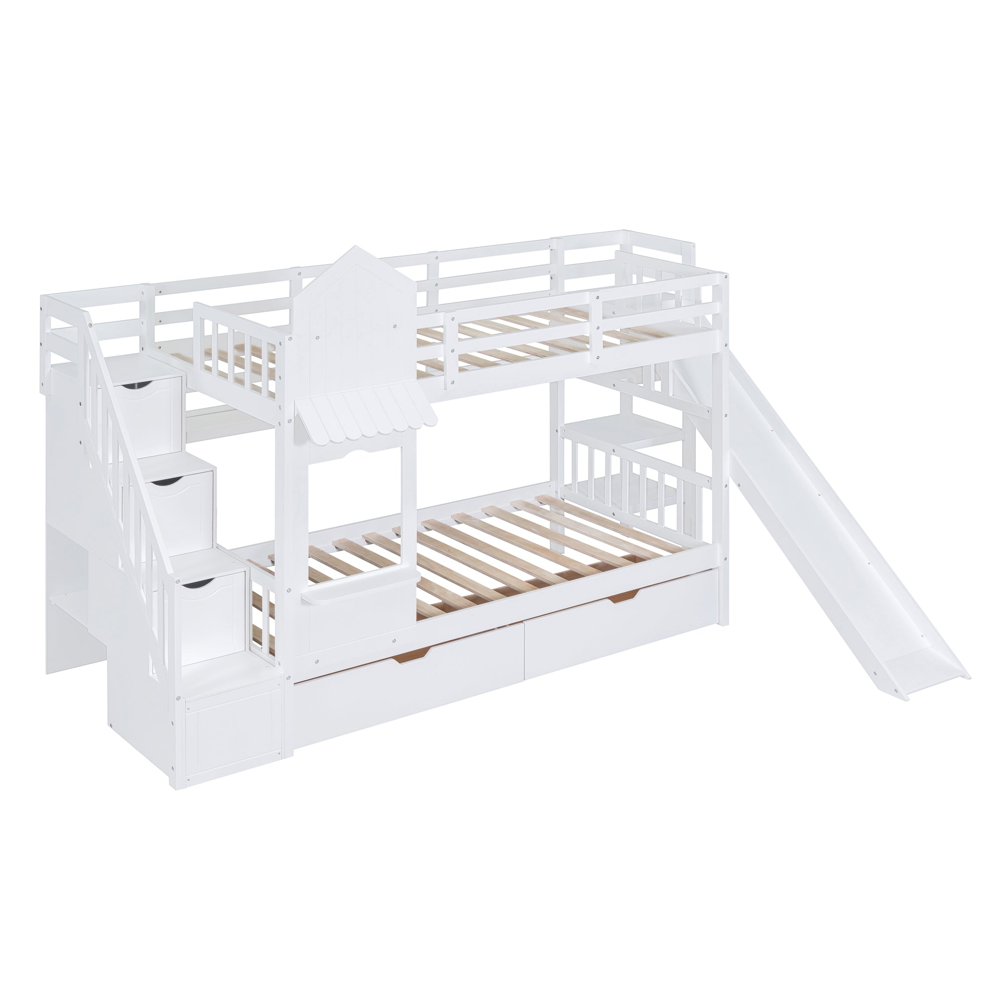 Twin-Over-Twin Castle Style Bunk Bed with 2 Drawers 3 Shelves and Slide - White - Atlantic Fine Furniture Melbourne FL