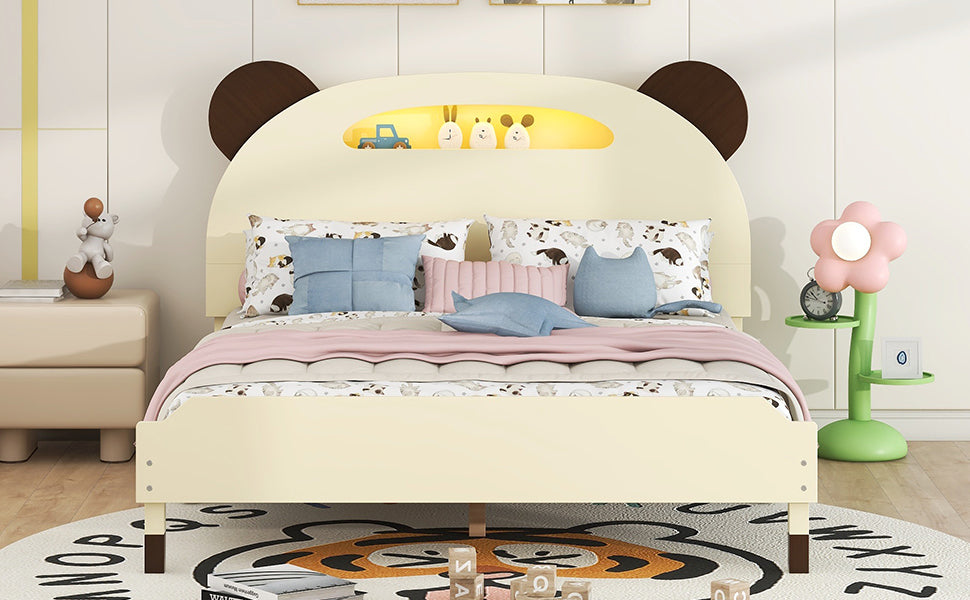 Full Size Wood Platform Bed with Bear-shaped Headboard,Bed with Motion Activated Night Lights,Cream+Walnut - Atlantic Fine Furniture Melbourne FL