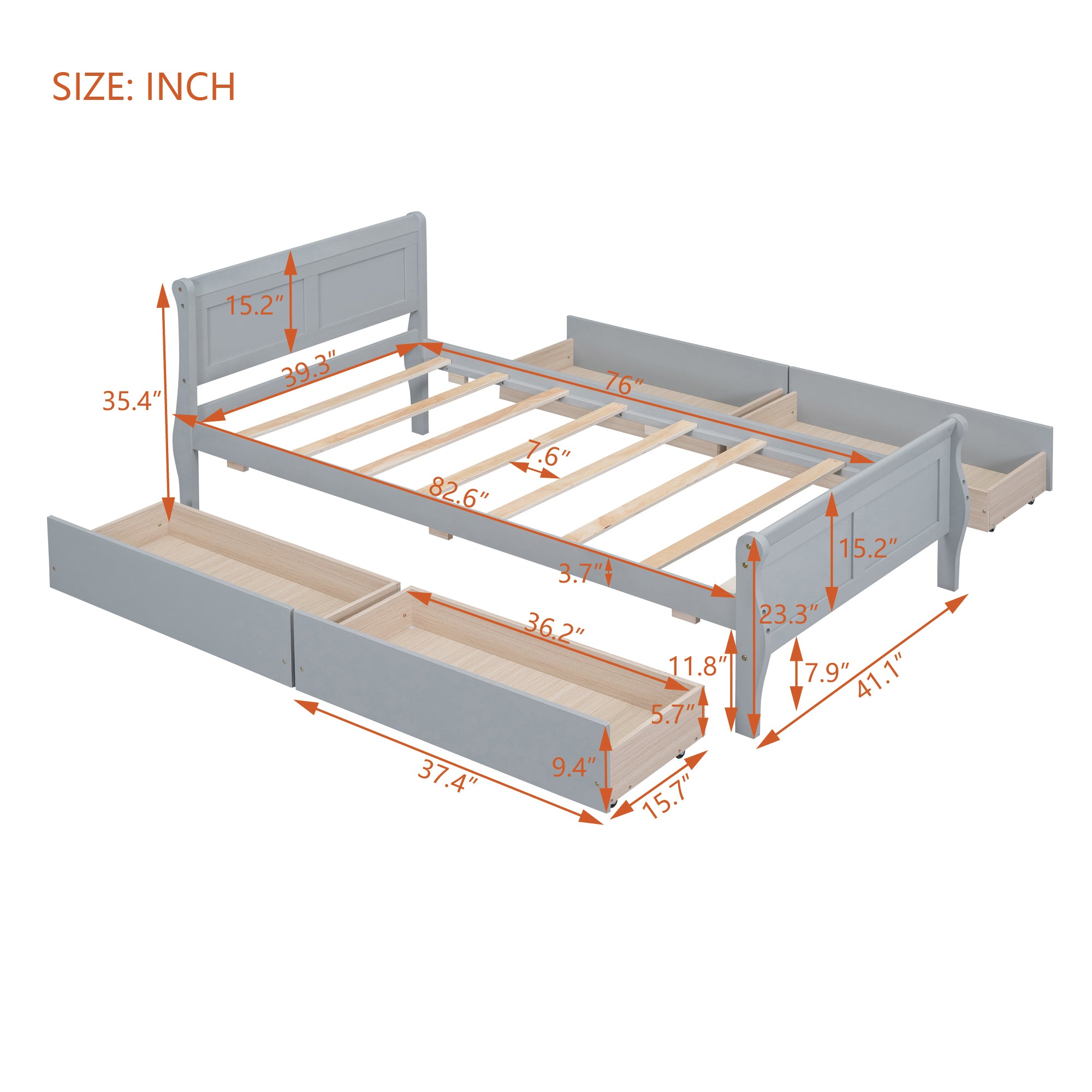 Twin Size Wood Platform Bed with 4 Drawers and Streamlined Headboard & Footboard, Gray - Atlantic Fine Furniture Melbourne FL