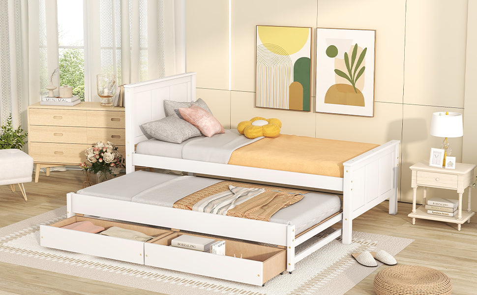 Twin Size Platform Bed with Trundle and Drawers, White - Atlantic Fine Furniture Melbourne FL