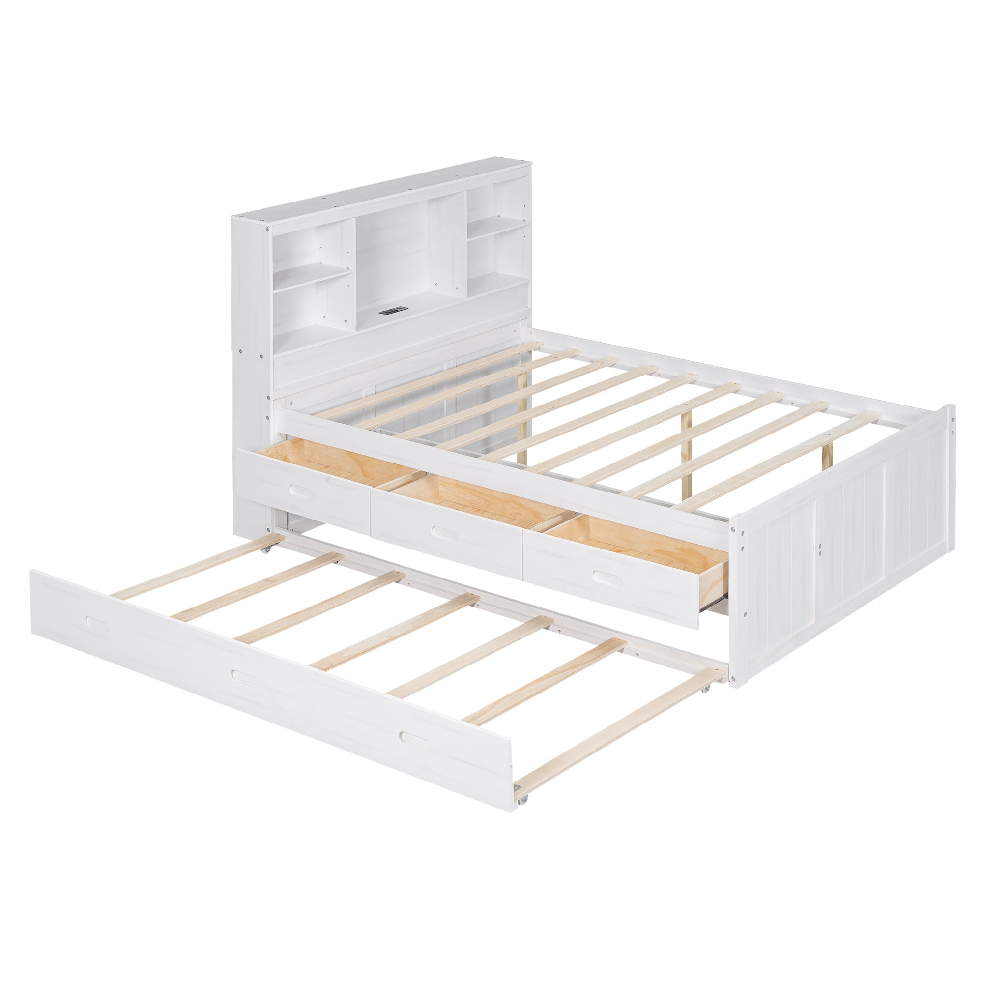 Full Size Platform Bed with Storage Headboard, Charging Station, Twin Size Trundle and 3 Drawers, Antique White - Atlantic Fine Furniture Melbourne FL