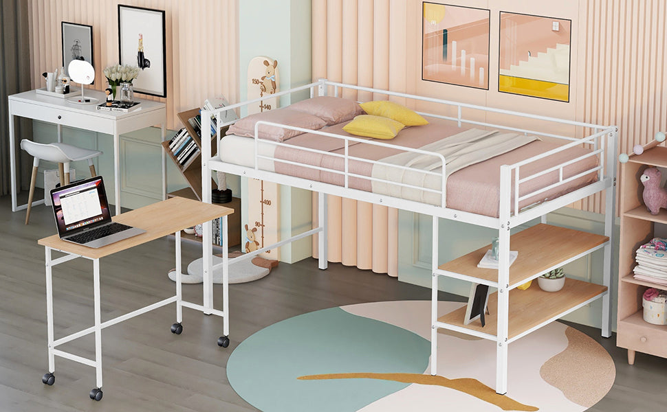 Twin Size Metal Loft Bed with Desk and Shelves,White - Atlantic Fine Furniture Melbourne FL