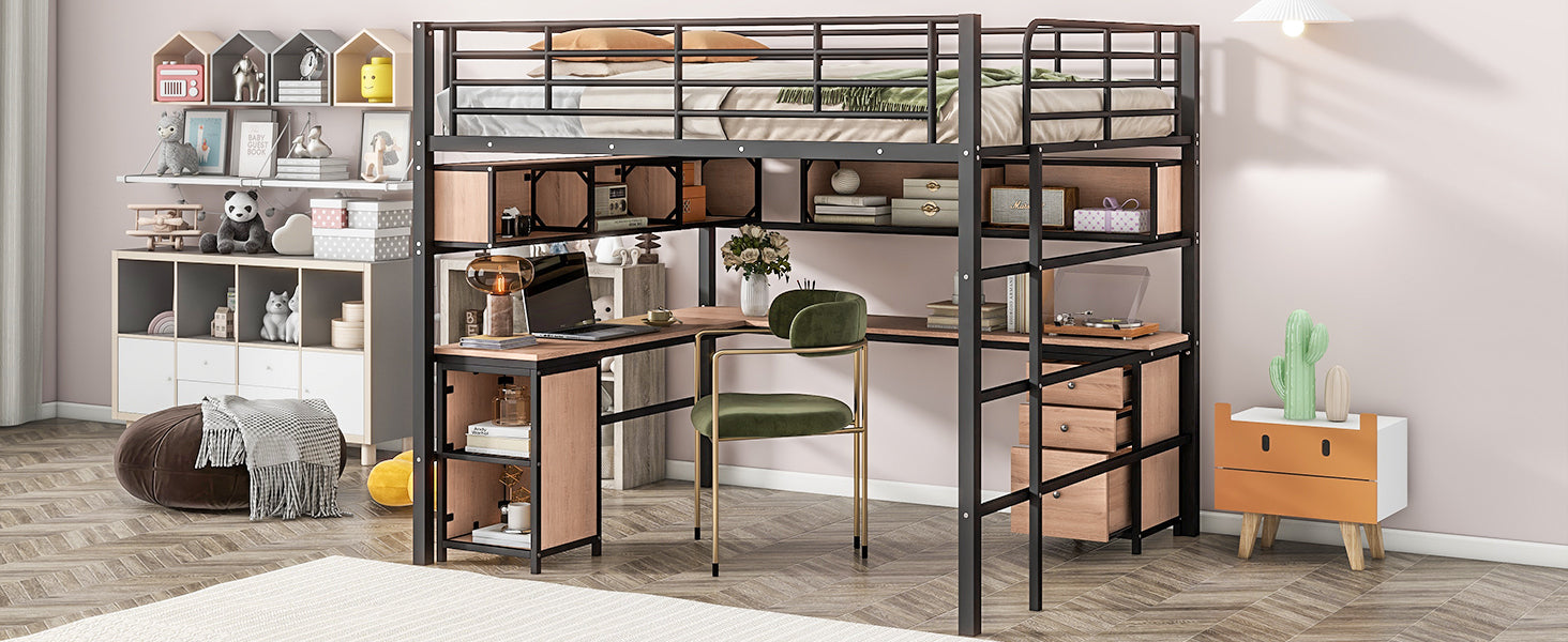 Metal Loft Bed with bookcase, desk and cabinet, Full, Black - Atlantic Fine Furniture Melbourne FL