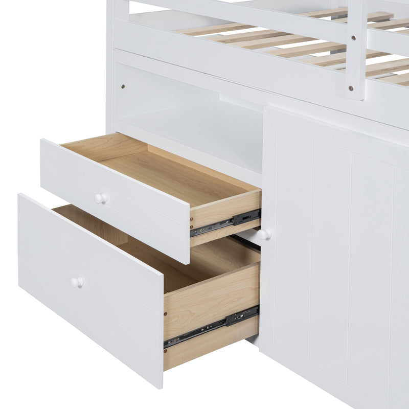 Twin Size Loft Bed with 4 Drawers, Underneath Cabinet and Shelves, White