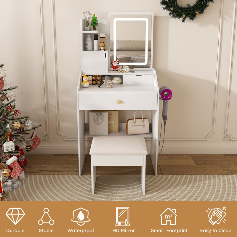 3 Color LED Vanity Mirror With Stool, 2 Drawers & 5 Storage Cabinets, Adjustable Lighting - White