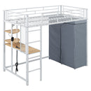 Loft Bed With Desk, Shelves, Power Outlet, LED Light And Wardrobe