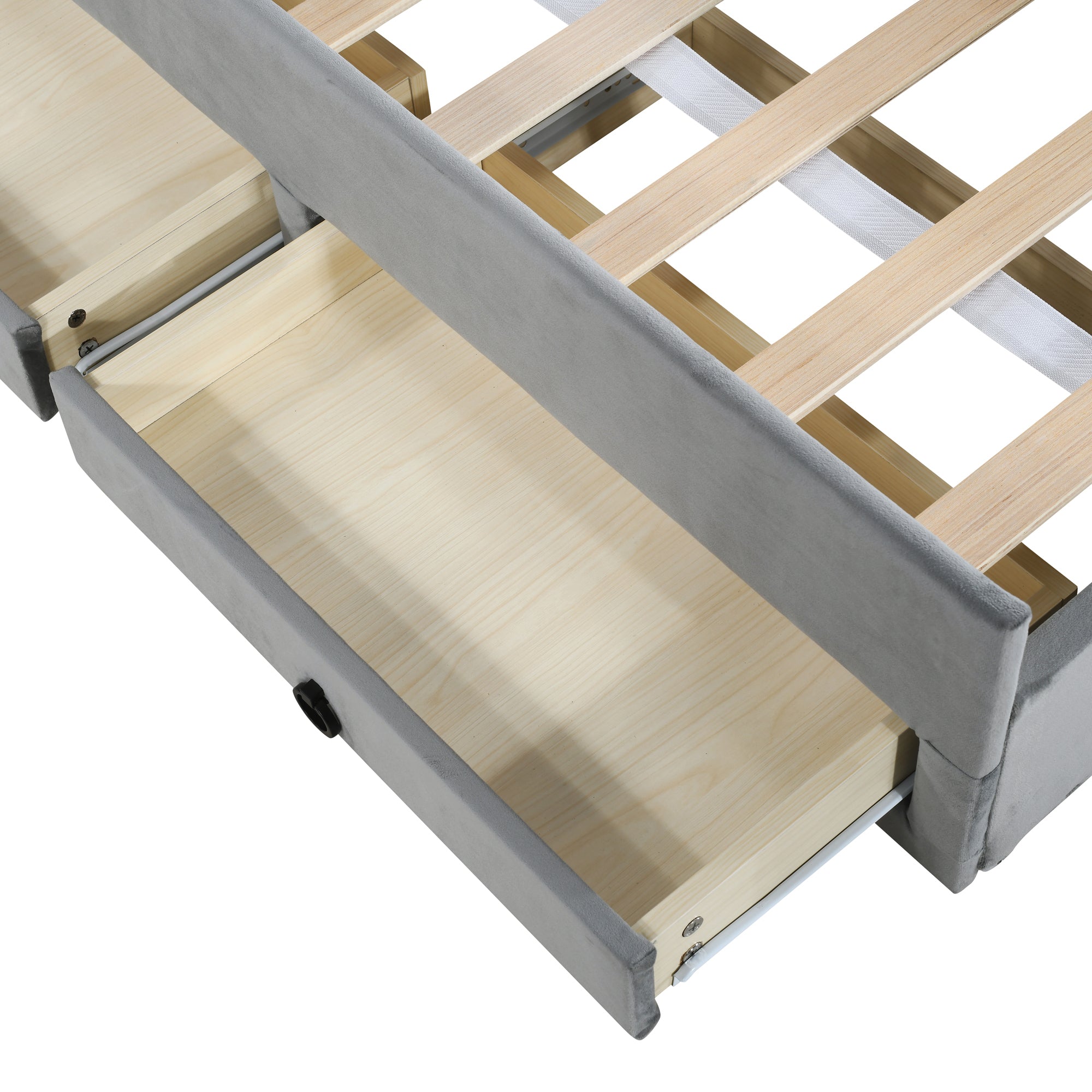 Twin Size Upholstered Platform Bed with Trundle and 3 Drawers, Rabbit-Shaped Headboard with Embedded LED Lights, Gray - Atlantic Fine Furniture Melbourne FL