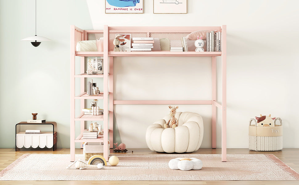Full Size Metal Loft Bed with 4-Tier Shelves and Storage, Pink - Atlantic Fine Furniture Melbourne FL