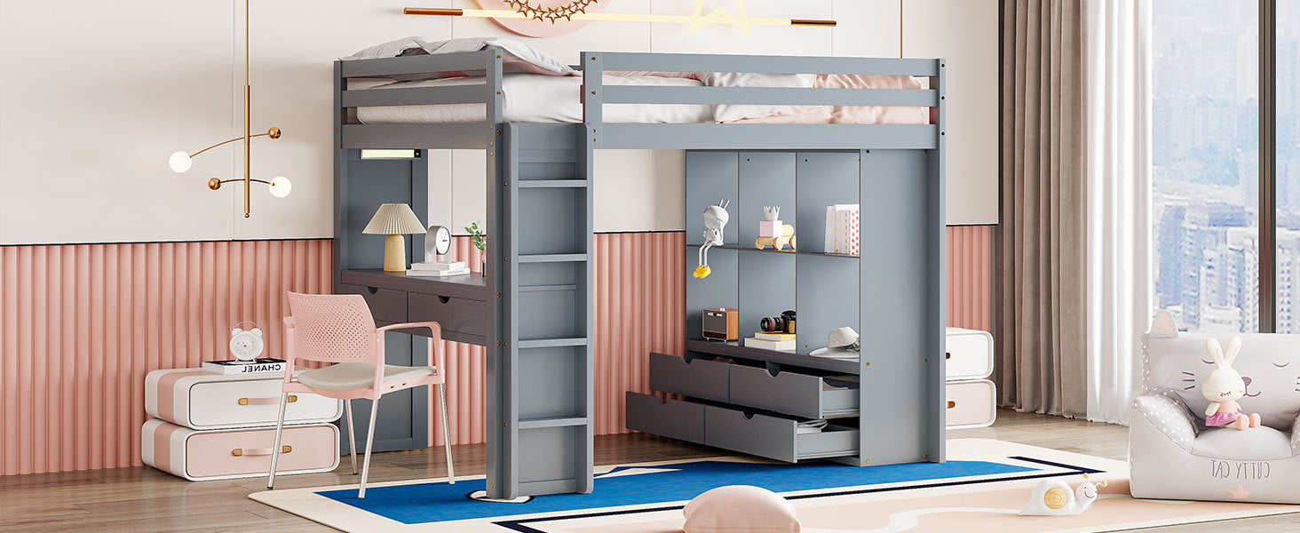 Full Size Loft Bed with large shelves, writing desk and LED Light, Gray - Atlantic Fine Furniture Melbourne FL