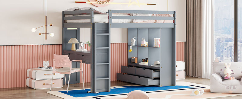 Full Size Loft Bed with large shelves, writing desk and LED Light, Gray