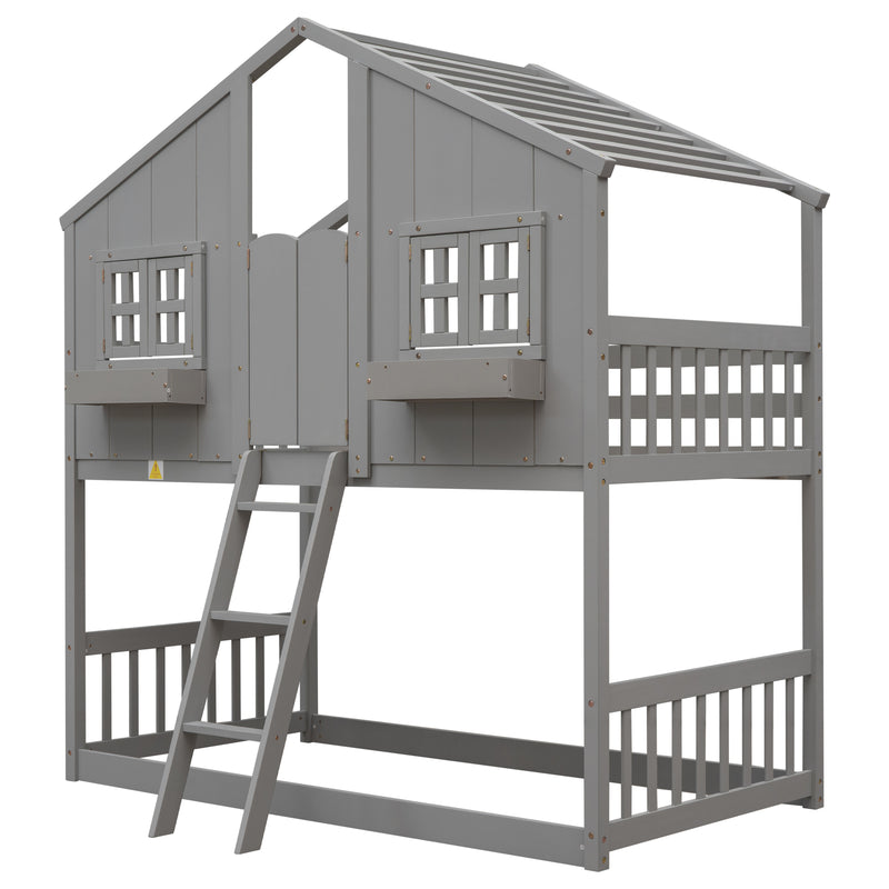 Twin over Twin House Bunk Bed with Roof , Window, Window  Box, Door , with Safety Guardrails and Ladder, Grey