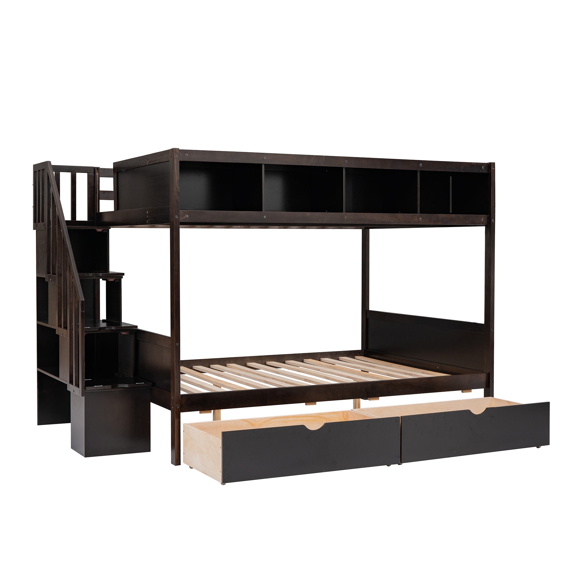 Twin over Full Bunk Bed with Shelfs, Storage Staircase and 2 Drawers, Espresso - Atlantic Fine Furniture Melbourne FL