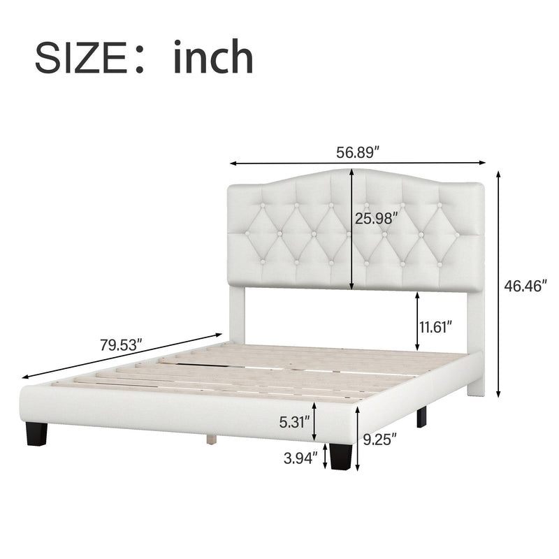 Full Upholstered Platform Bed With Saddle Curved Headboard And Diamond Tufted Details - Beige