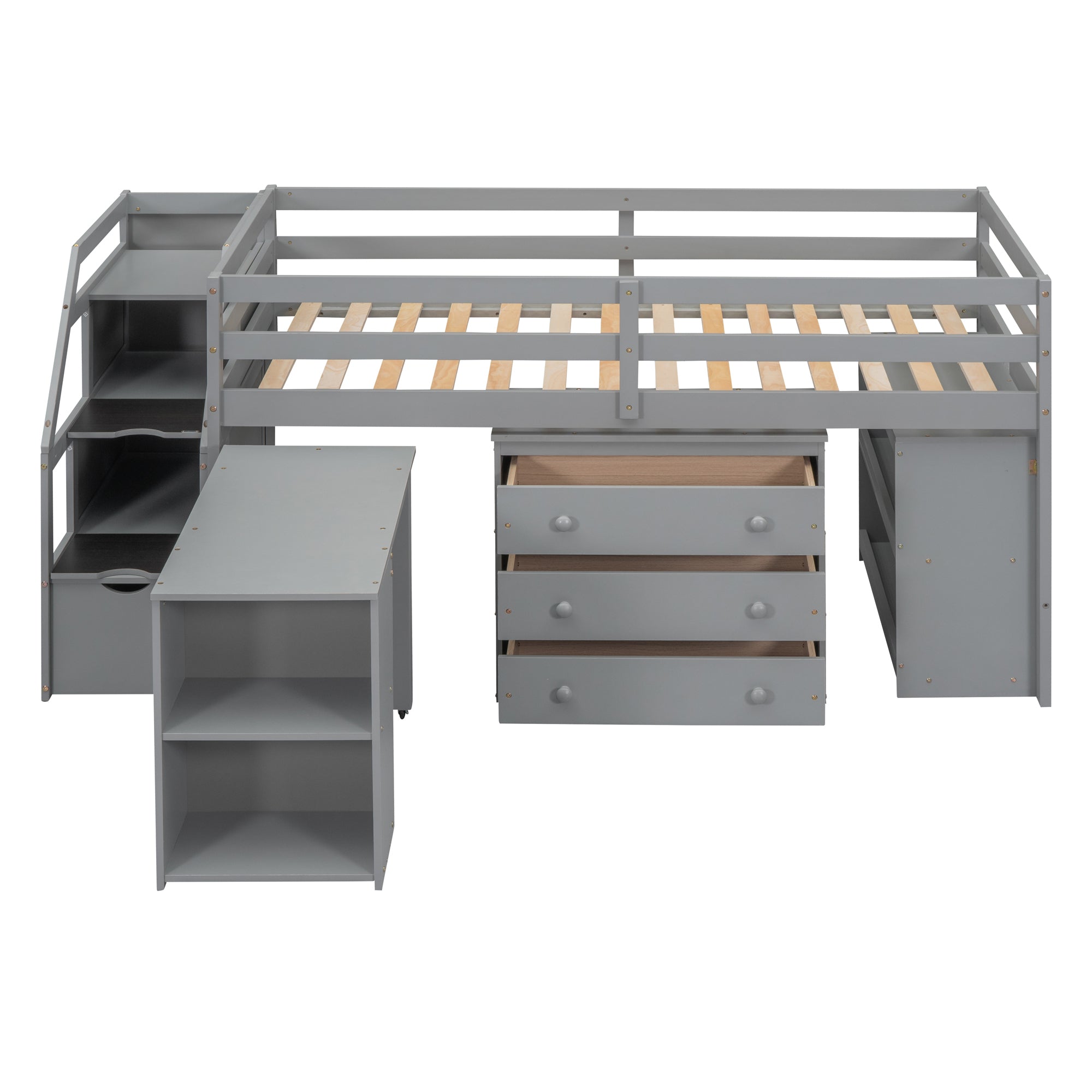 Twin Size Loft Bed with Retractable Writing Desk and 3 Drawers, Wooden Loft Bed with Storage Stairs and Shelves, Gray - Atlantic Fine Furniture Melbourne FL