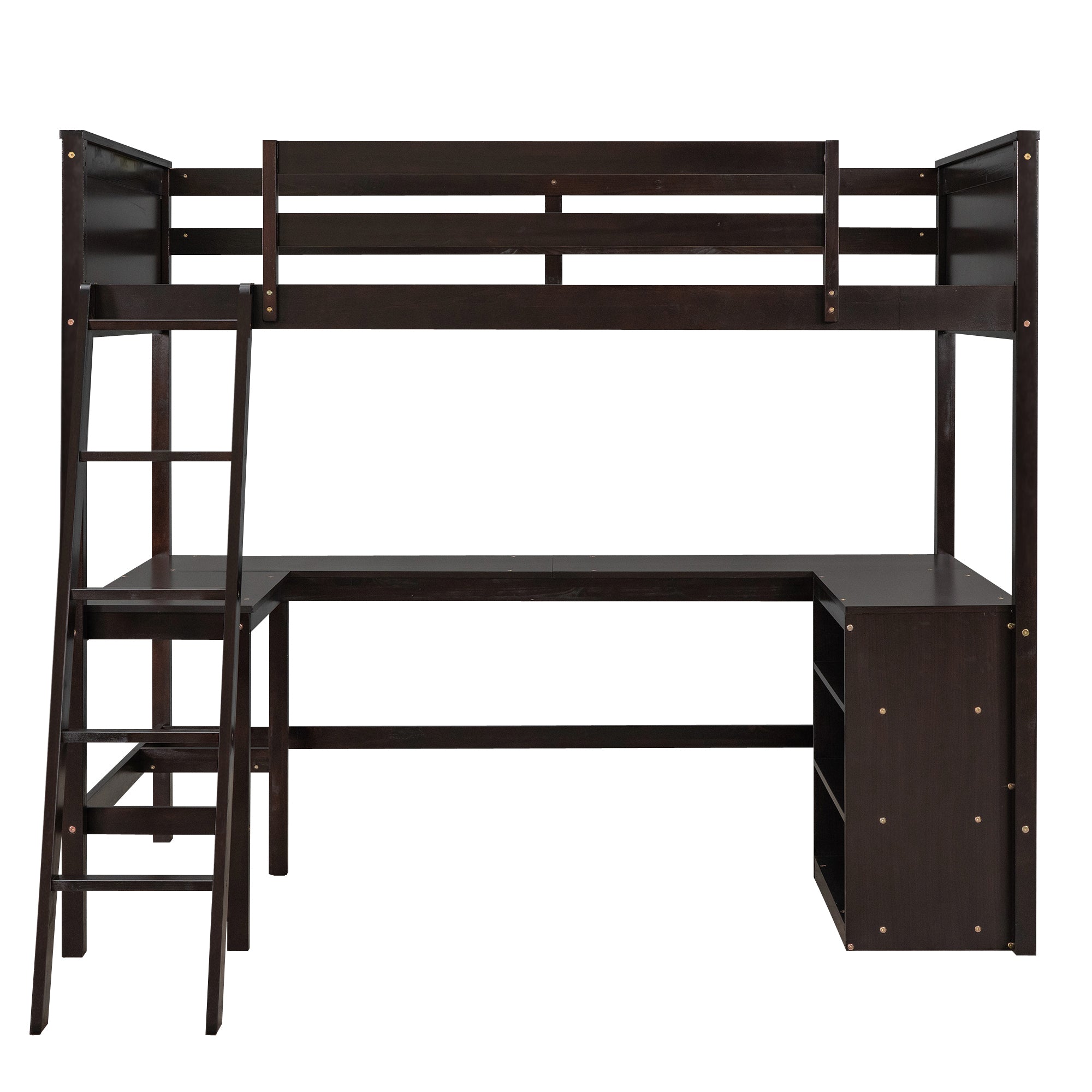 Twin size Loft Bed with Shelves and Desk, Wooden Loft Bed with Desk - Espresso(OLD SKU:LT000537AAP) - Atlantic Fine Furniture Melbourne FL