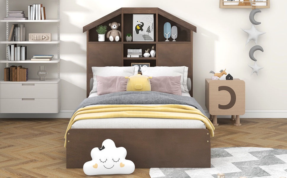 Twin Size Wood Platform Bed with House-shaped Storage Headboard and 2 Drawers, Walnut - Atlantic Fine Furniture Melbourne FL