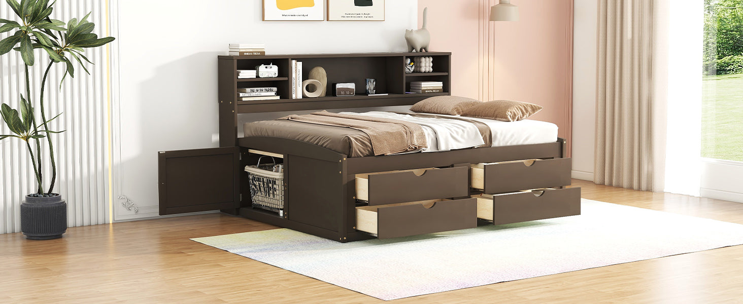 Full Size Wood Daybed with 2 Bedside Cabinets, Upper Shelves and 4 Drawers, Antique Brown - Atlantic Fine Furniture Melbourne FL