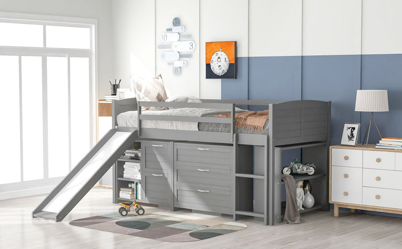 Loft Low Bed With Cabinets, Shelves And Slide