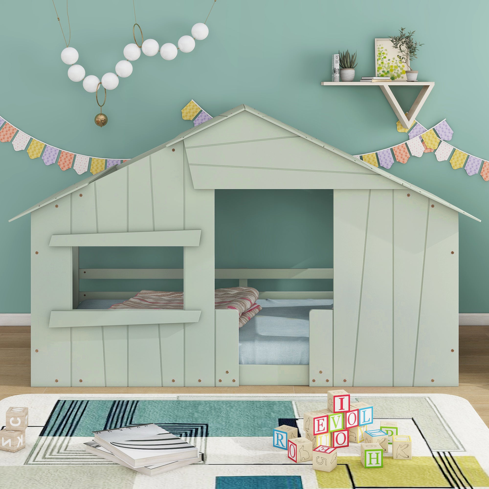 Wood Twin Size House Bed with Roof, Window and Guardrail, Light Green - Atlantic Fine Furniture Melbourne FL