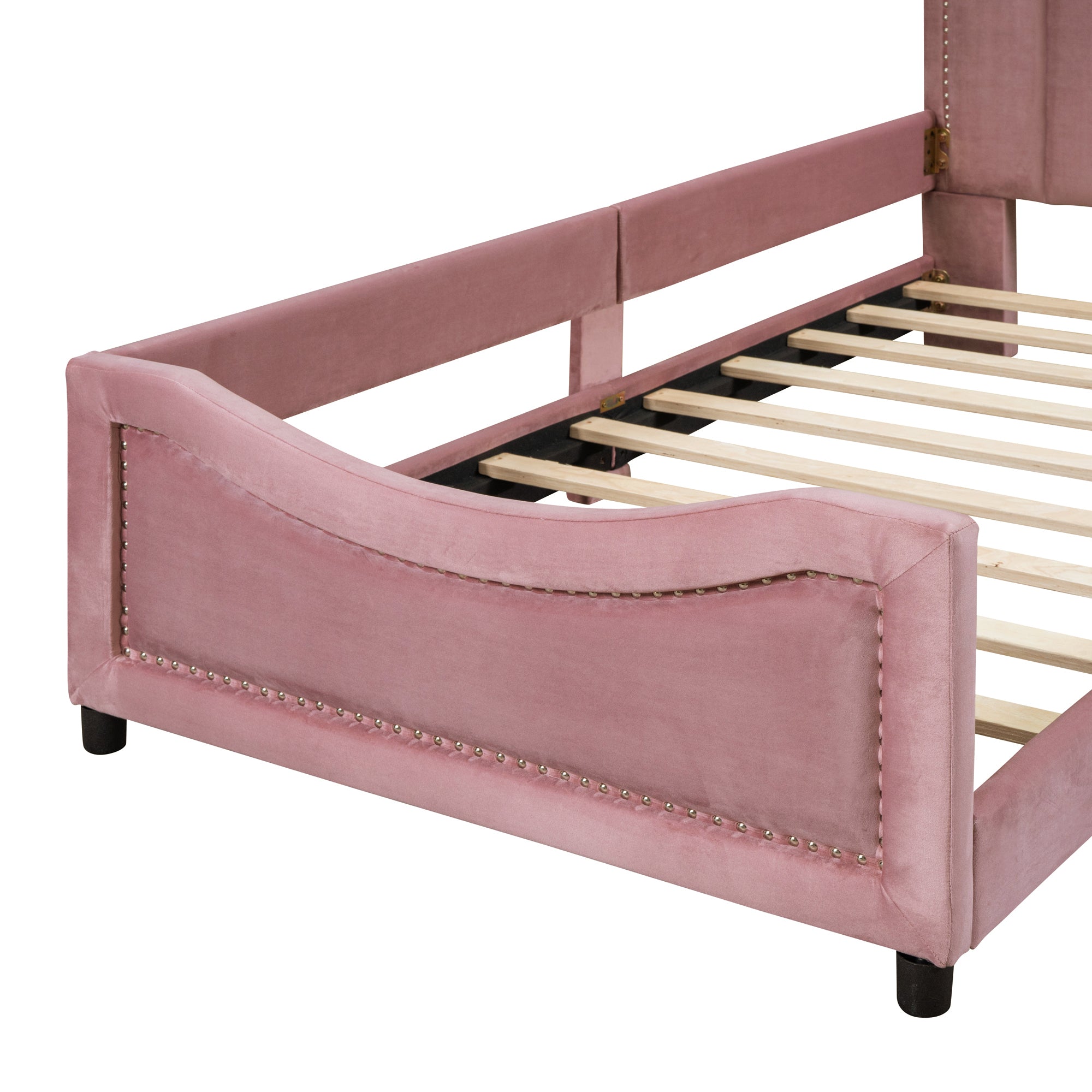 Twin Size Upholstered Daybed with Classic Stripe Shaped  Headboard, Pink - Atlantic Fine Furniture Melbourne FL