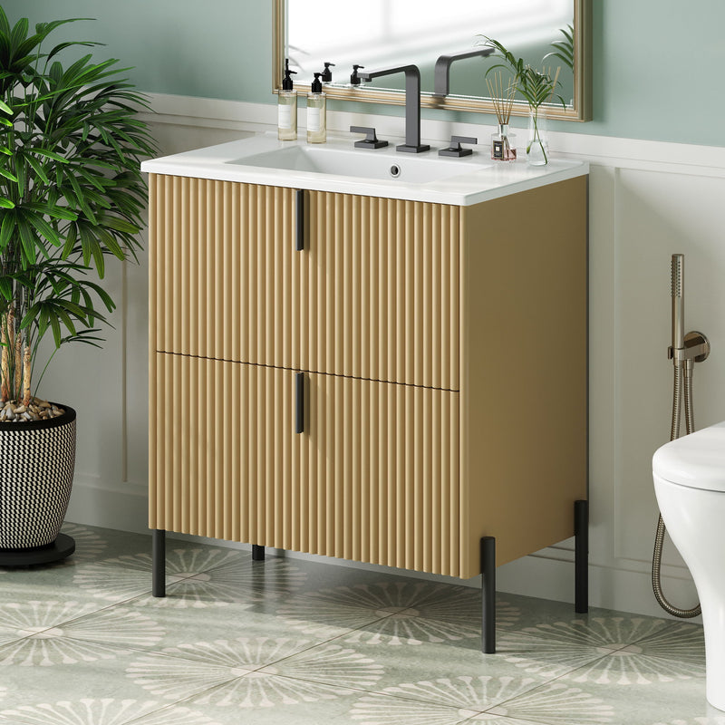 Fluted Bathroom Vanity With Ceramic Sink, Freestanding Design