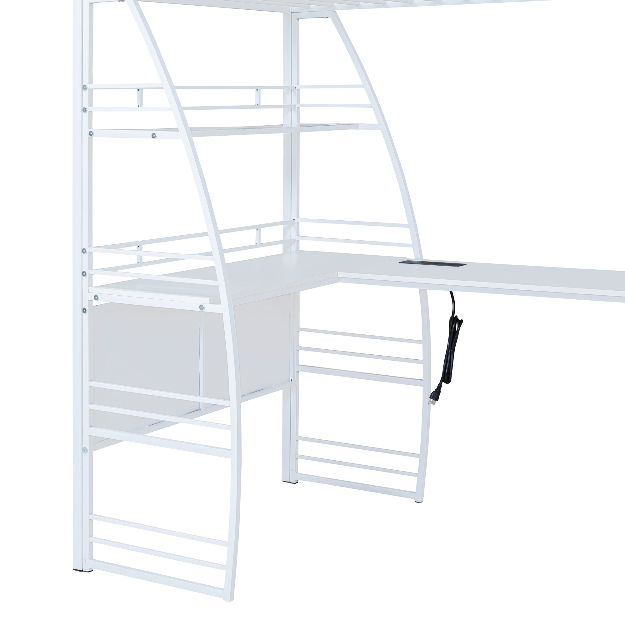 Twin Size Loft Bed with 4 Layers of Shelves and L-shaped Desk, Stylish Metal Frame Bed with a set of Sockets, USB Ports and and Wireless Charging, White - Atlantic Fine Furniture Melbourne FL