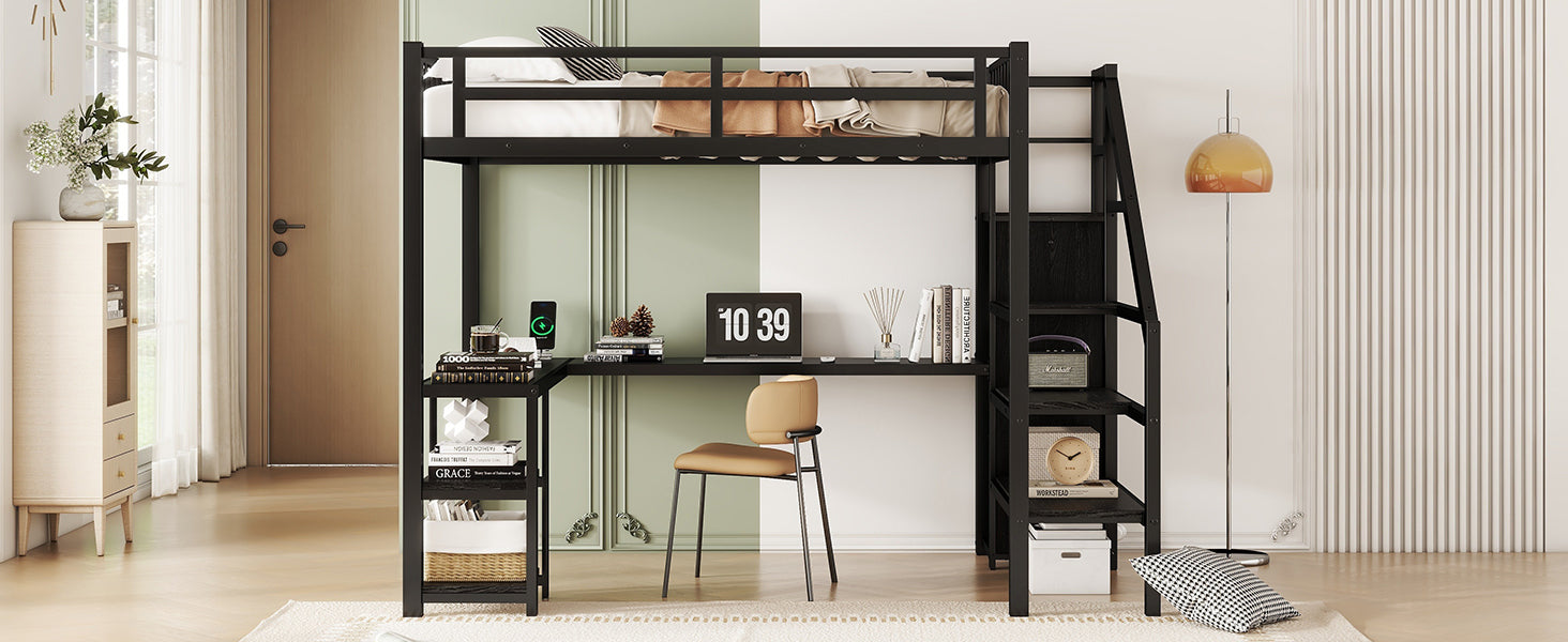 Metal Full Loft Bed with Wardrobe and LED Light, Full Size Loft Bed with L Shaped Desk and USB for Kids Teens Adults, Black (Expect arrival date 2024/5/19)