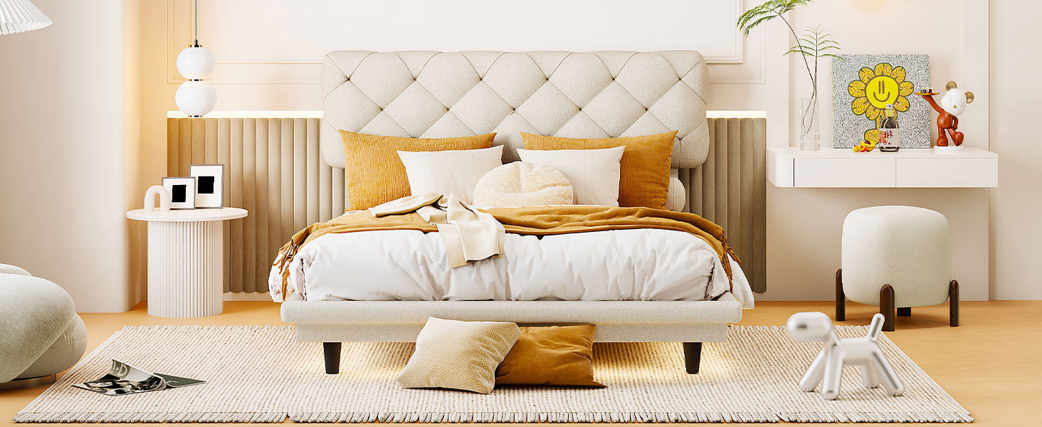 Full Size Upholstered Bed with Light Stripe, Floating Platform Bed, Linen Fabric,Beige - Atlantic Fine Furniture Melbourne FL