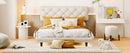 Full Size Upholstered Bed with Light Stripe, Floating Platform Bed, Linen Fabric,Beige