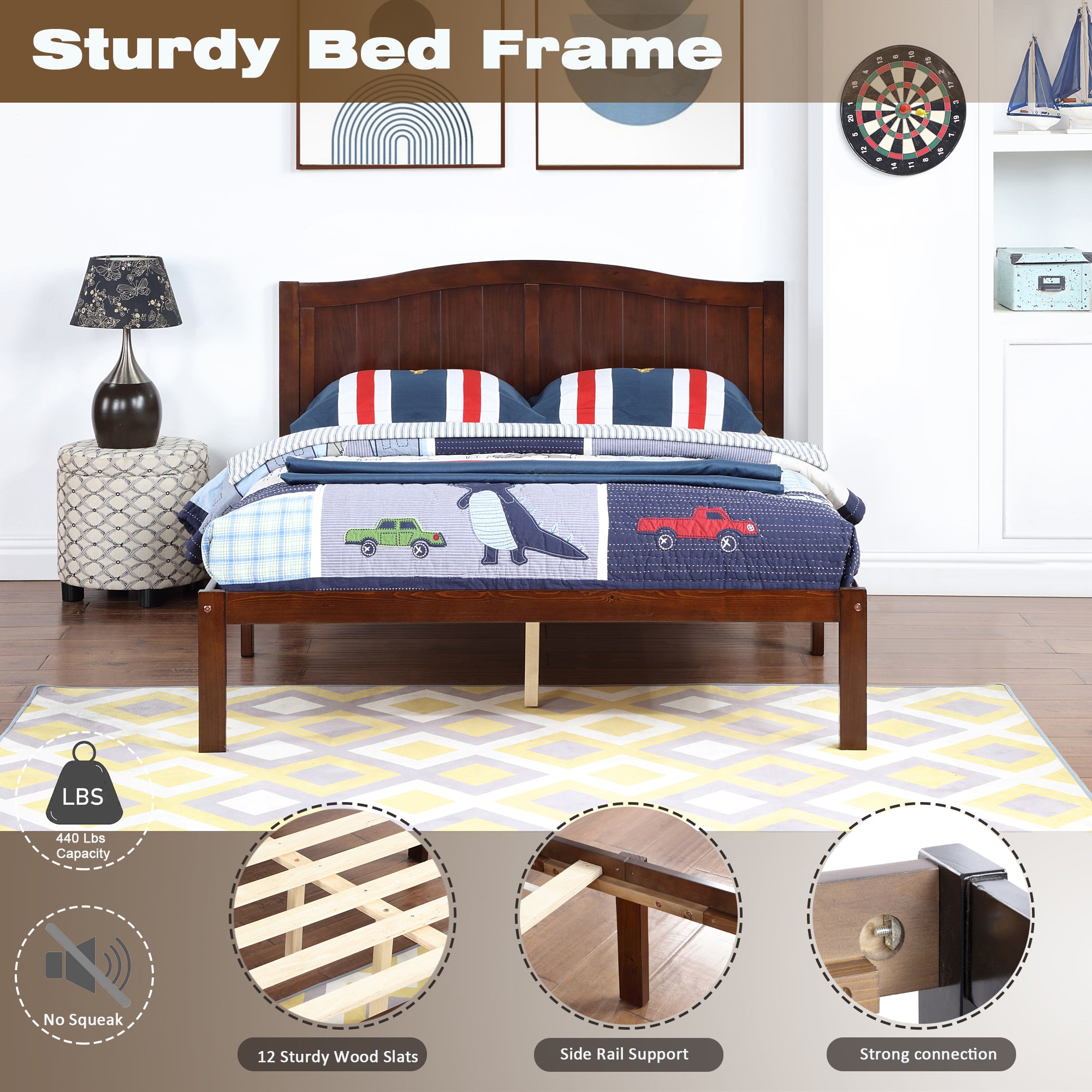 Full Size Bed, Wood Platform Bed Frame with Headboard For Kids, Slatted, Dark Walnut - Atlantic Fine Furniture Melbourne FL