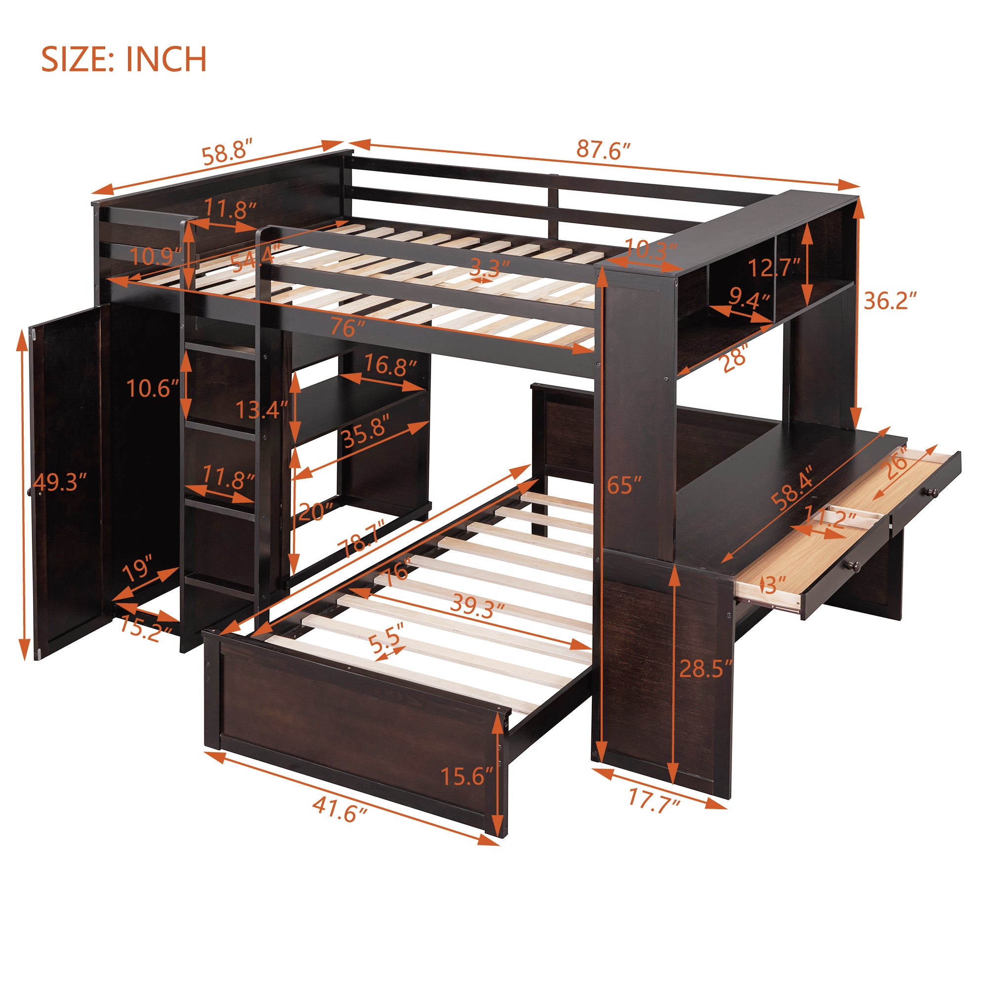 Full size Loft Bed with a twin size Stand-alone bed, Shelves,Desk,and Wardrobe-Espresso - Atlantic Fine Furniture Melbourne FL