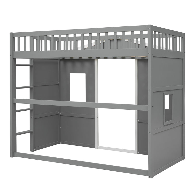 Twin Size House Loft Bed With Ladder-Gray+White Frame