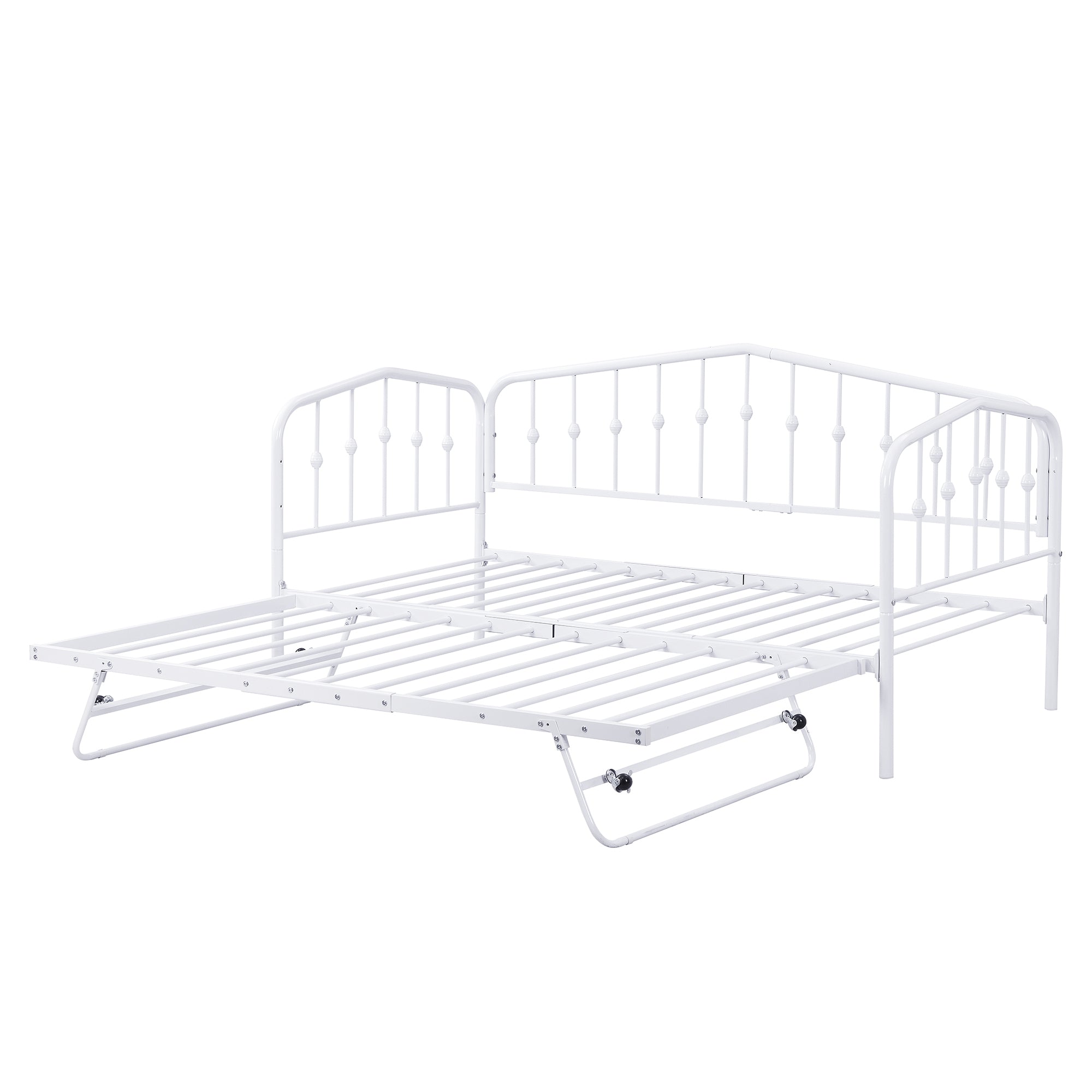Twin Size Stylish Metal Daybed with Twin Size Adjustable Trundle, Portable Folding Trundle, White