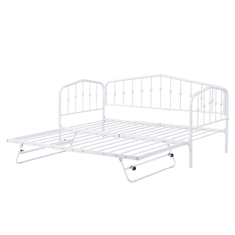 Twin Size Stylish Metal Daybed with Twin Size Adjustable Trundle, Portable Folding Trundle, White