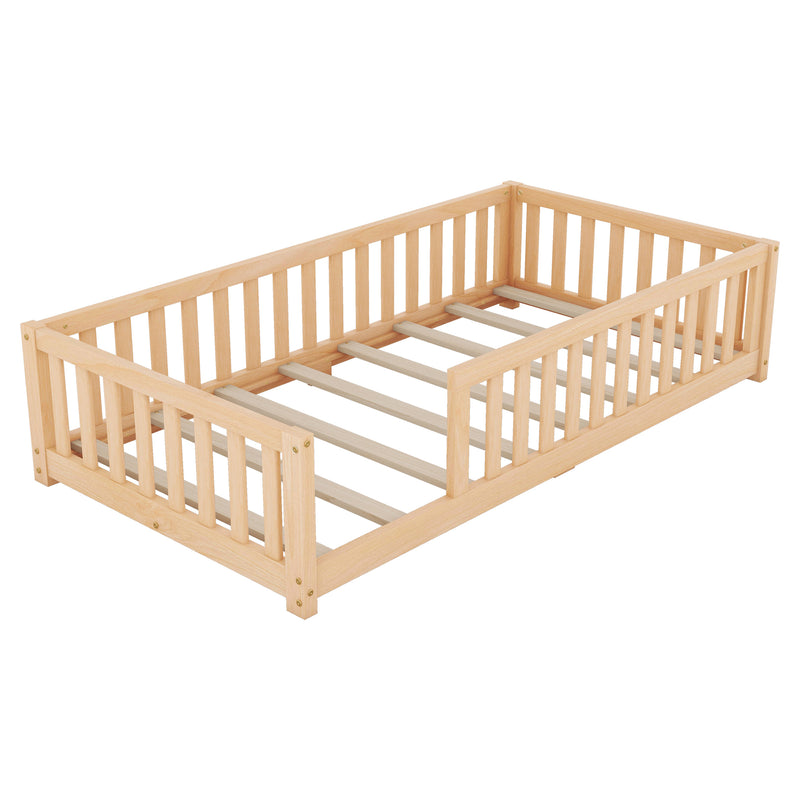 Twin Size Bed Floor Bed with Safety Guardrails and Door for Kids, Natural