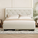 Queen Size  Velvet Storage Platform Bed, with 2 Big Drawers, Twin XL Size Trundle and LED Light, Beige