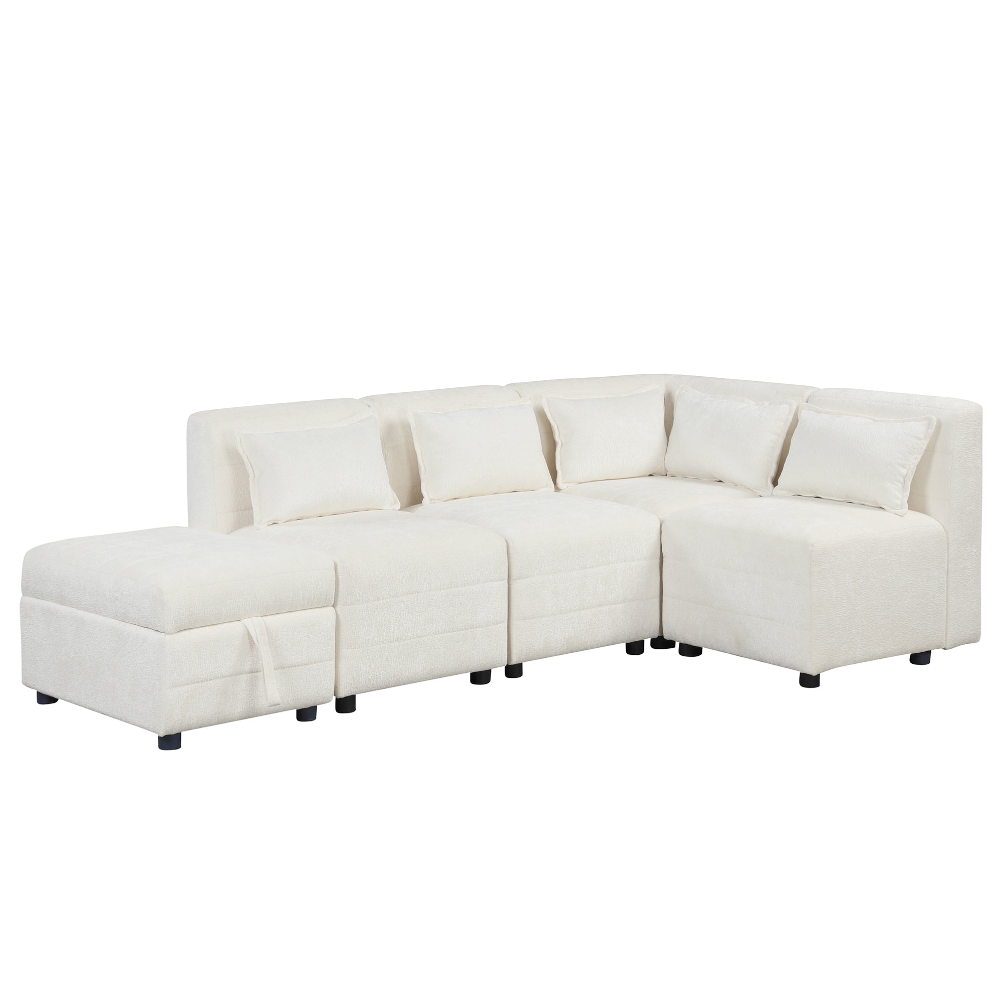 Free-Combined Sectional Sofa 5-seater Modular Couches with Storage Ottoman, 5 Pillows for Living Room, Bedroom, Office, Cream